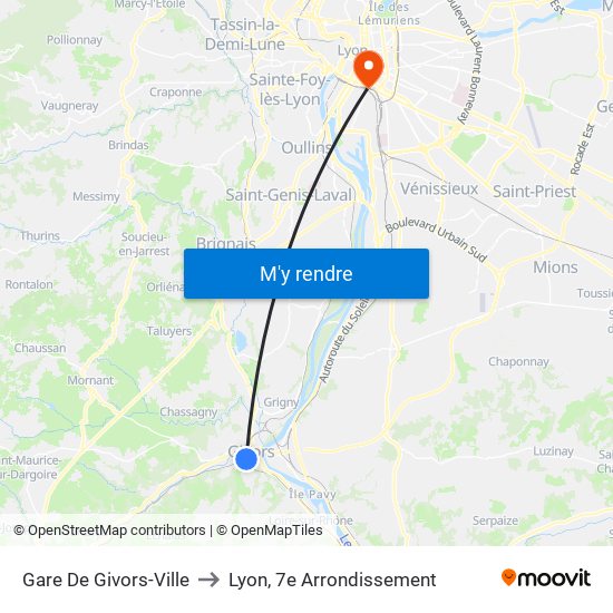 Gare De Givors-Ville to Lyon, 7e Arrondissement map