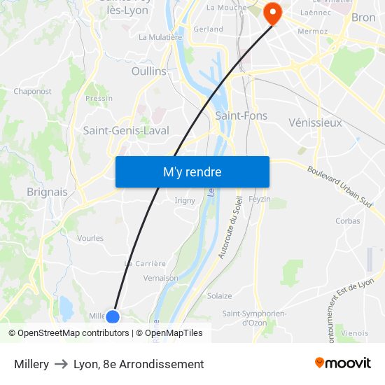 Millery to Lyon, 8e Arrondissement map
