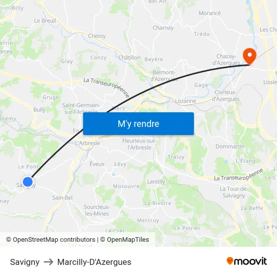 Savigny to Marcilly-D'Azergues map