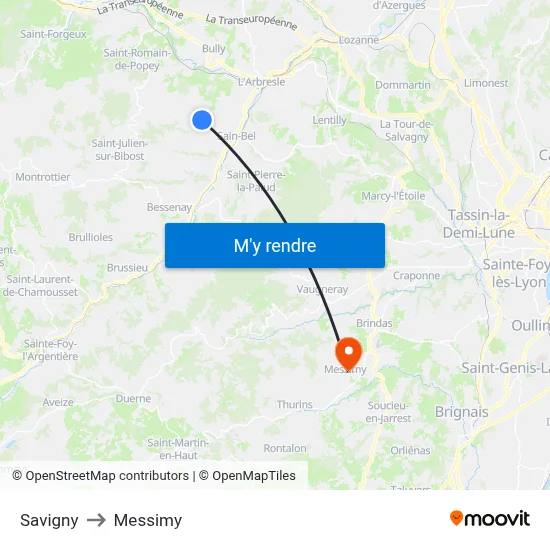 Savigny to Messimy map
