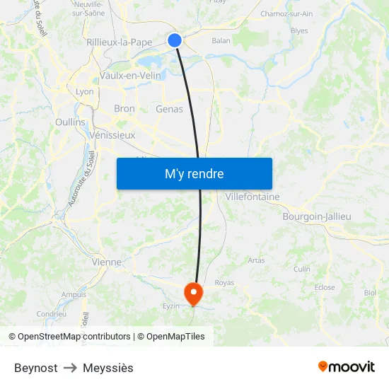 Beynost to Meyssiès map