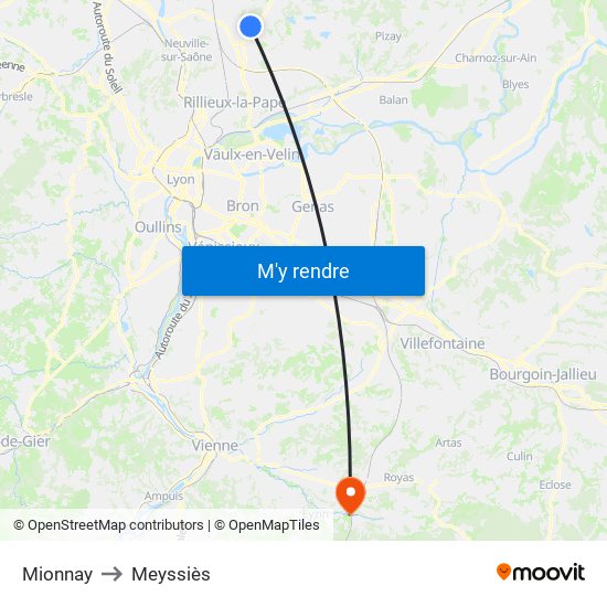 Mionnay to Meyssiès map