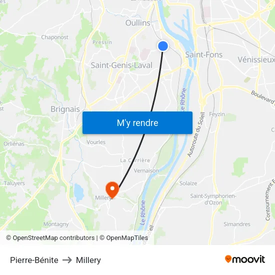 Pierre-Bénite to Millery map