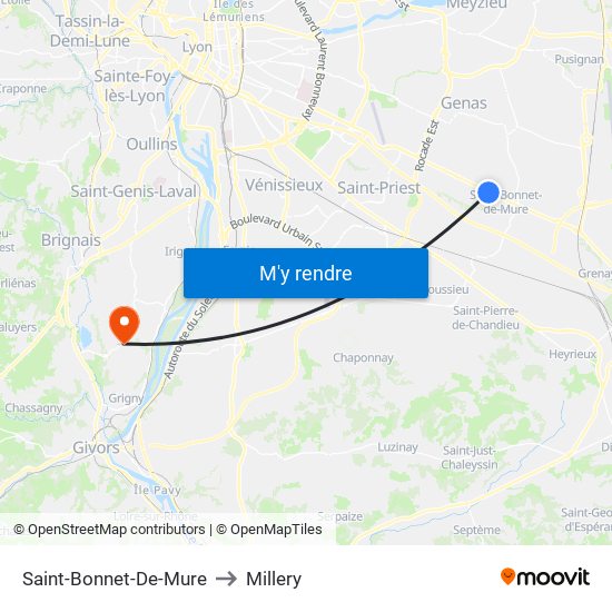 Saint-Bonnet-De-Mure to Millery map