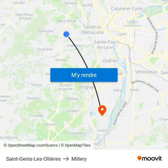 Saint-Genis-Les-Ollières to Millery map