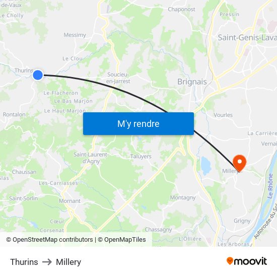 Thurins to Millery map
