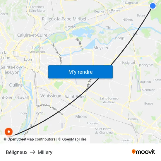 Béligneux to Millery map