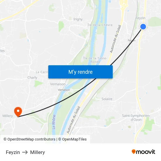 Feyzin to Millery map