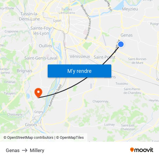 Genas to Millery map
