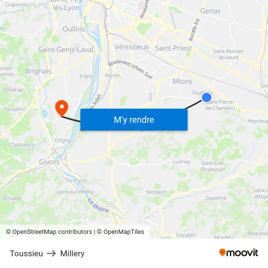 Toussieu to Millery map
