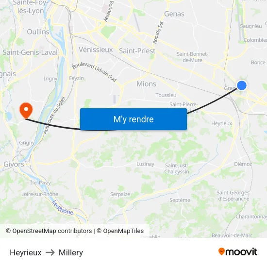 Heyrieux to Millery map