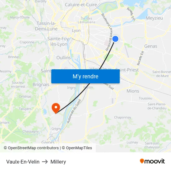 Vaulx-En-Velin to Millery map