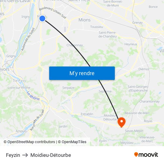 Feyzin to Moidieu-Détourbe map