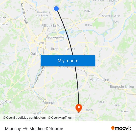 Mionnay to Moidieu-Détourbe map