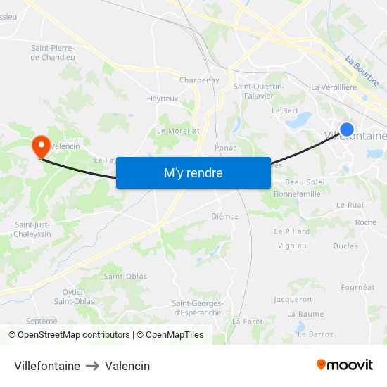 Villefontaine to Valencin map