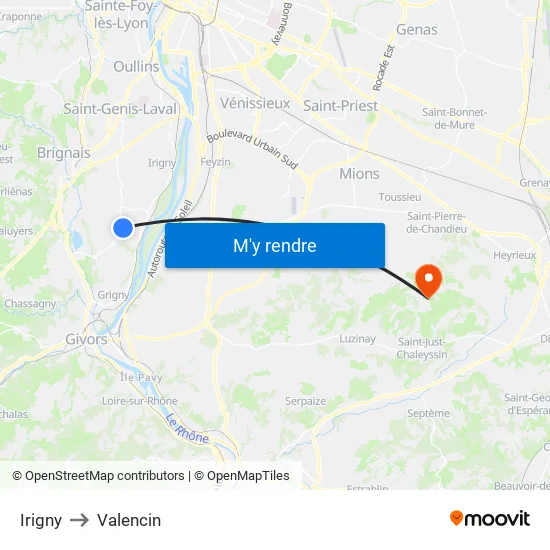 Irigny to Valencin map