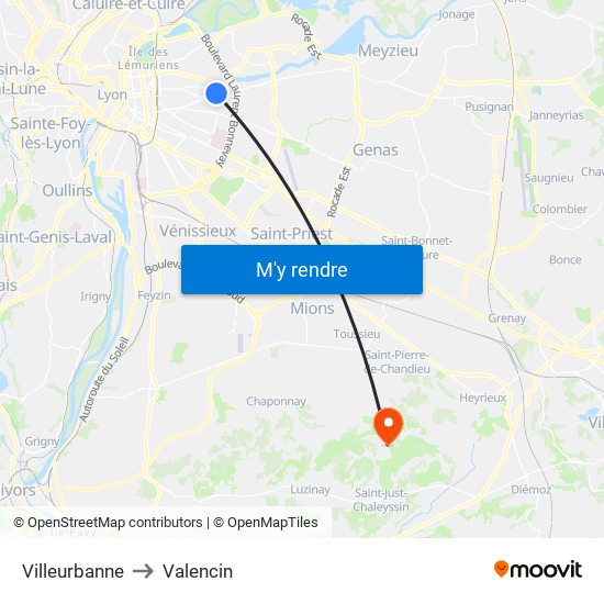 Villeurbanne to Valencin map