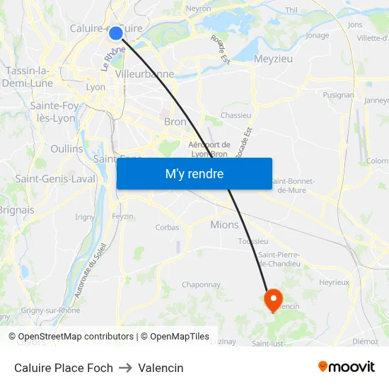 Caluire Place Foch to Valencin map