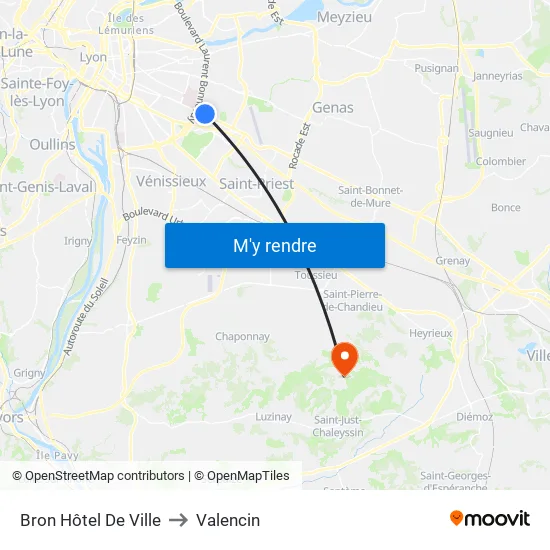 Bron Hôtel De Ville to Valencin map