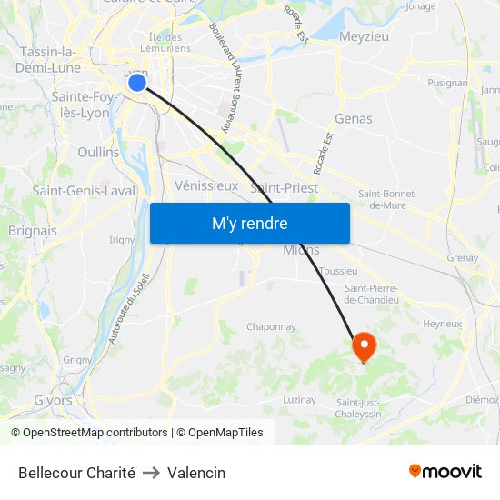 Bellecour Charité to Valencin map