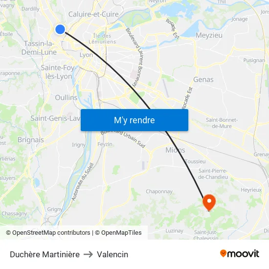 Duchère Martinière to Valencin map