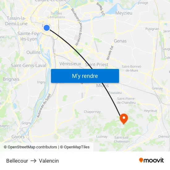 Bellecour to Valencin map