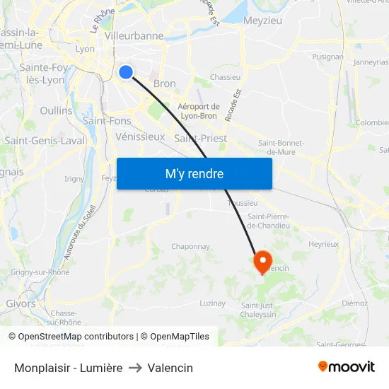 Monplaisir - Lumière to Valencin map