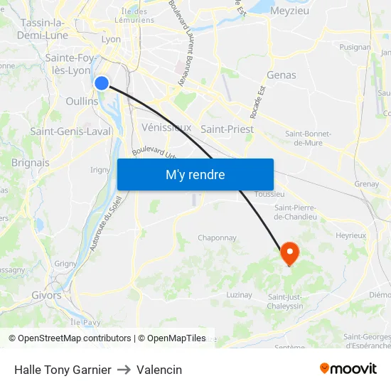 Halle Tony Garnier to Valencin map
