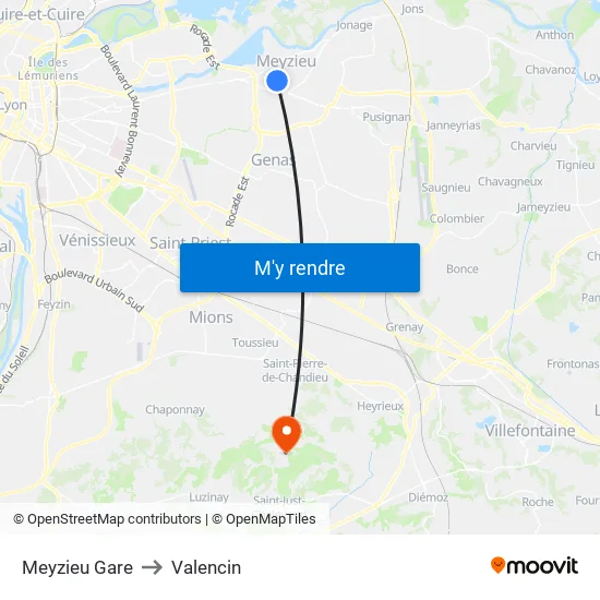 Meyzieu Gare to Valencin map