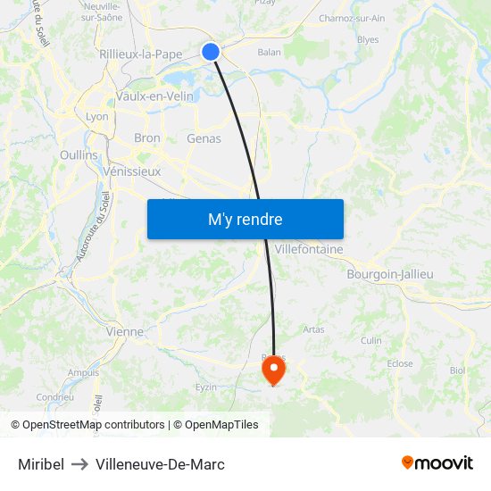 Miribel to Villeneuve-De-Marc map