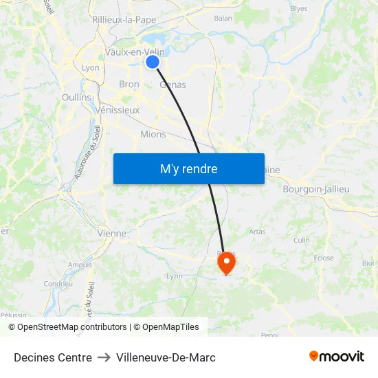 Decines Centre to Villeneuve-De-Marc map