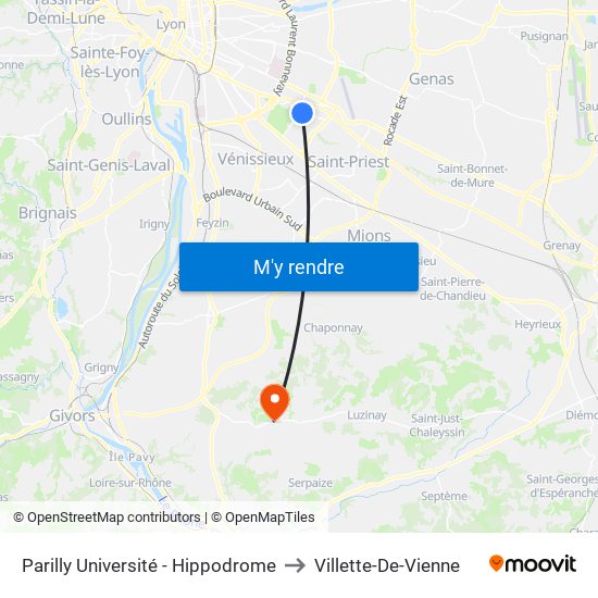 Parilly Université - Hippodrome to Villette-De-Vienne map