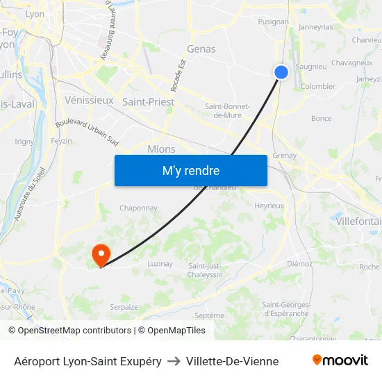 Aéroport Lyon-Saint Exupéry to Villette-De-Vienne map