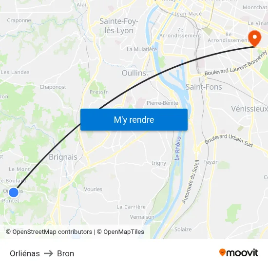 Orliénas to Bron map