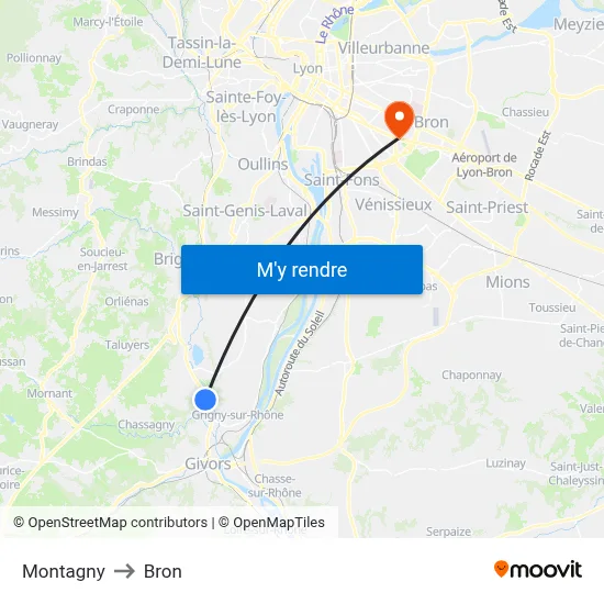 Montagny to Bron map