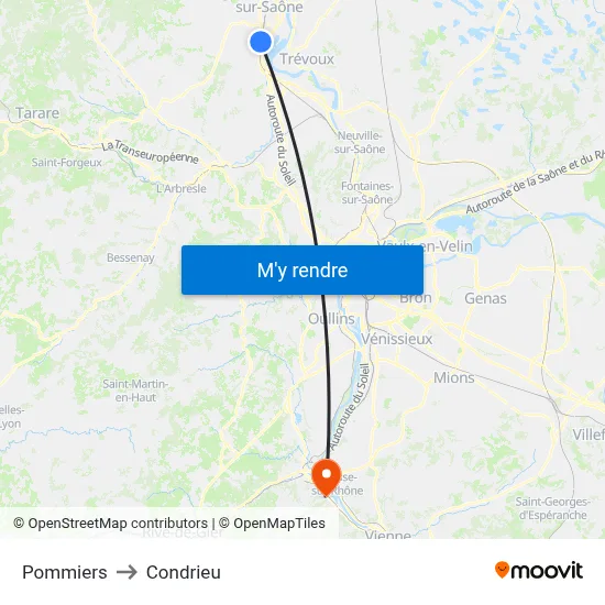 Pommiers to Condrieu map