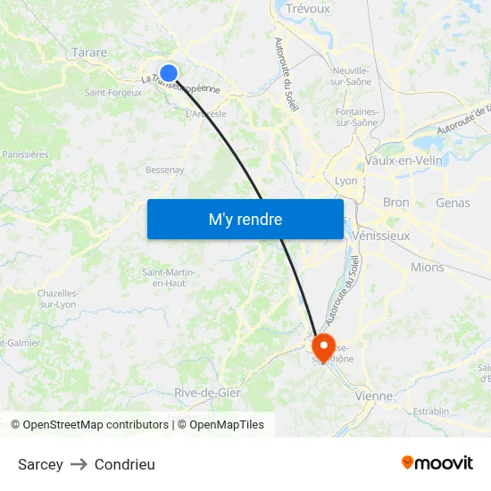 Sarcey to Condrieu map