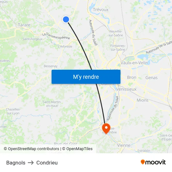 Bagnols to Condrieu map