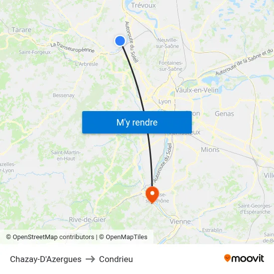 Chazay-D'Azergues to Condrieu map
