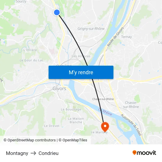 Montagny to Condrieu map