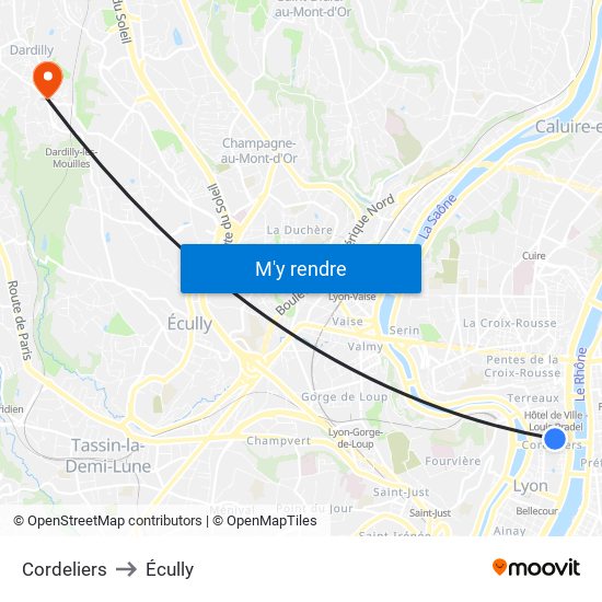 Cordeliers to Écully map