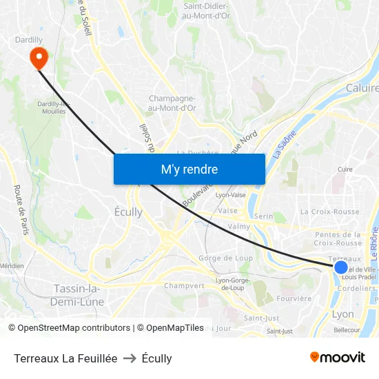 Terreaux La Feuillée to Écully map