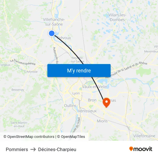 Pommiers to Décines-Charpieu map