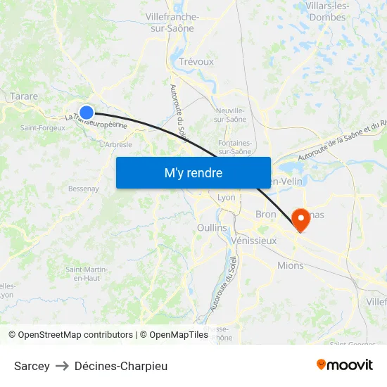 Sarcey to Décines-Charpieu map