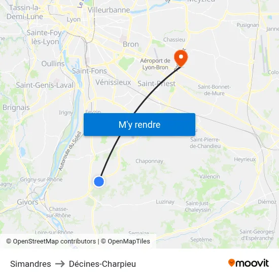 Simandres to Décines-Charpieu map