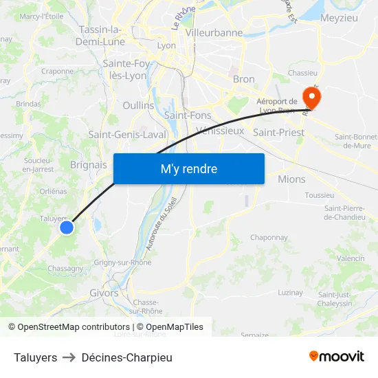 Taluyers to Décines-Charpieu map