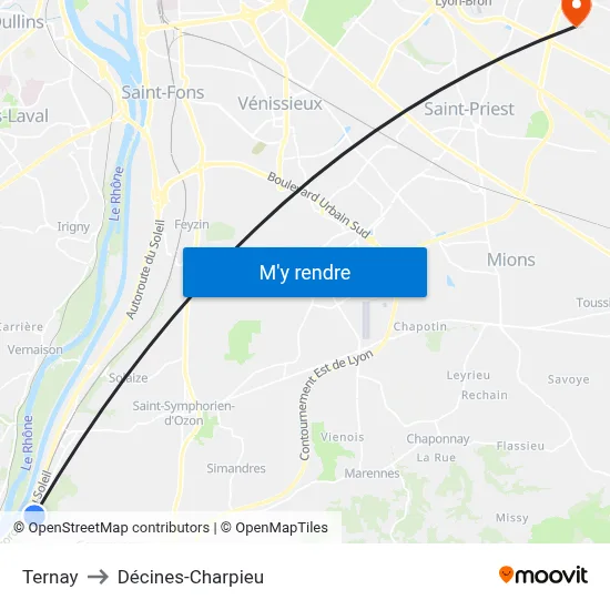 Ternay to Décines-Charpieu map