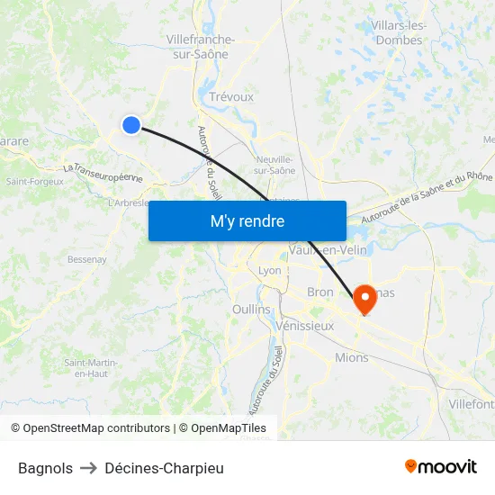 Bagnols to Décines-Charpieu map