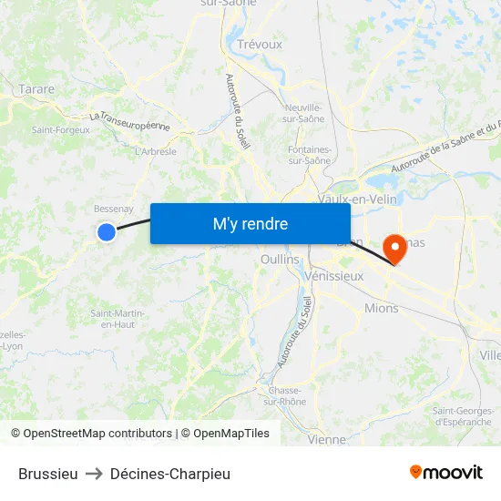 Brussieu to Décines-Charpieu map