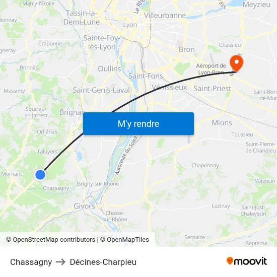 Chassagny to Décines-Charpieu map